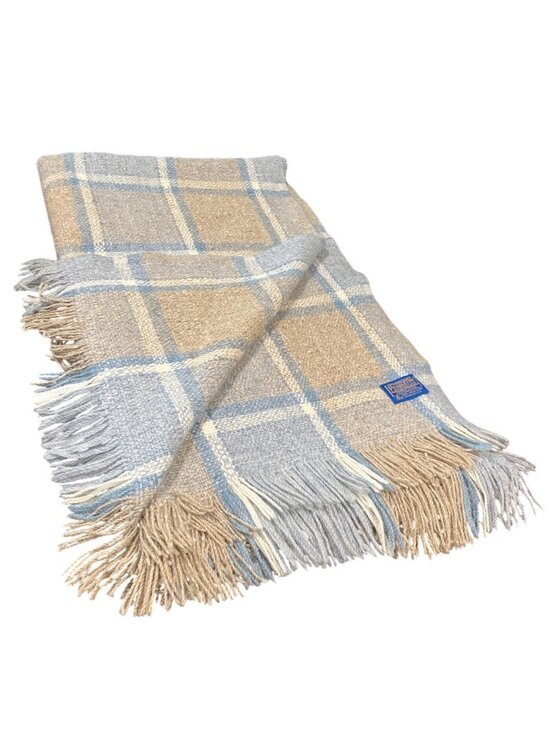 Pendleton Other - Pendleton Virgin Wool Fringed Throw Blanket Pastel Blue Tan Plaid Vintage